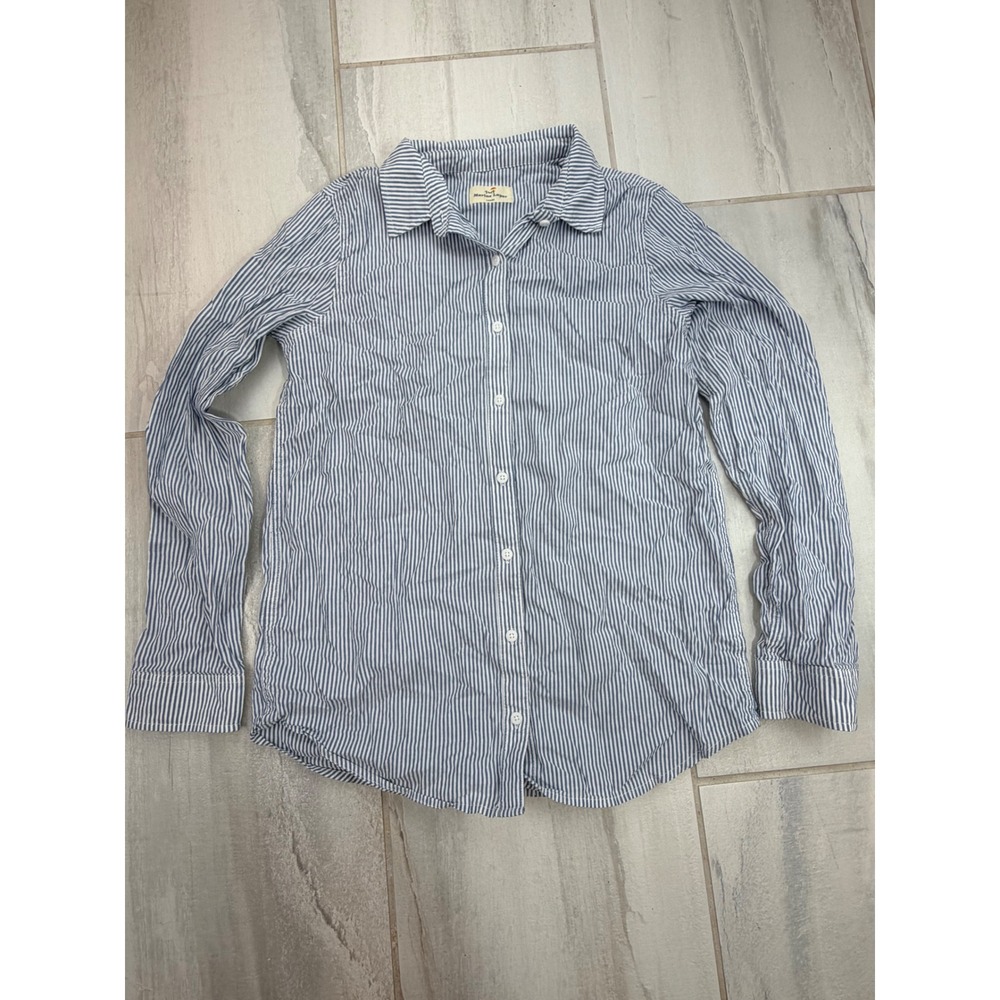 Marine Layer Women Large Blue White Striped Button Down Shirt Long Sleeve Cotton
